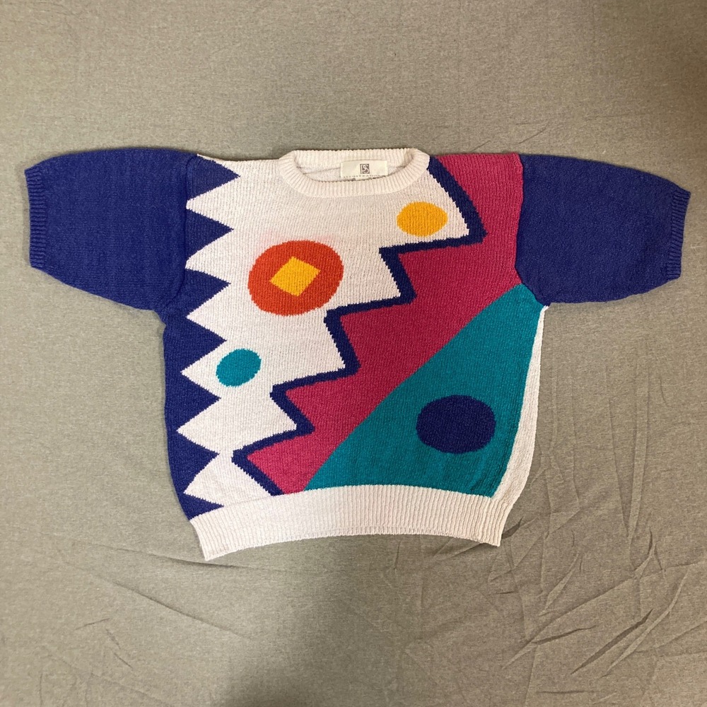 Illustrations Vintage 80s Geometric Abstract Short Sleeve Knit Sweater Small